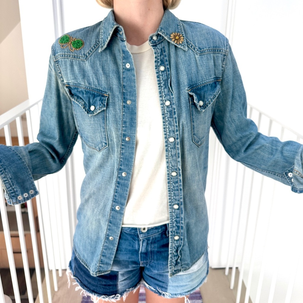 REMI RELIEF Distressed Embellished Denim Shirt